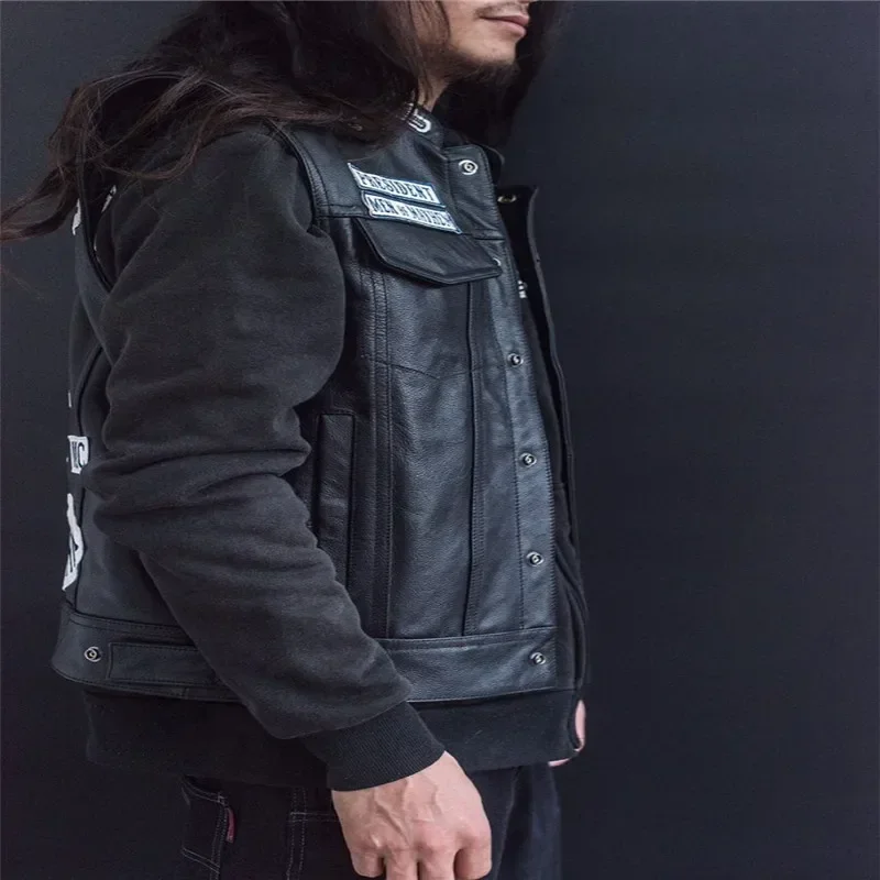 Sons Of Anarchy Embroidery Leather Rock Punk Vest Cosplay Costume Black Color Motorcycle Sleeveless Jacket