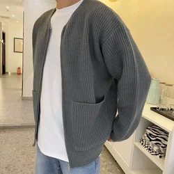 Man Clothes Casual Cardigan Knitted Sweaters for Men Solid Color with Pockets Crewneck Zip-up Round Collar Plain Zipper Order S