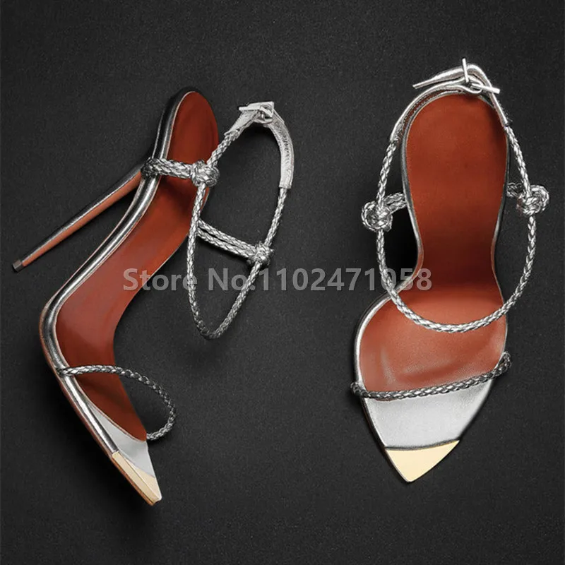 Sexy Metall spitzen Zehen dünne Ferse Frauen Sandalen schmale Band Knöchel Schnalle Riemen High Heels Mode Laufsteg Damen Gladiator Schuhe