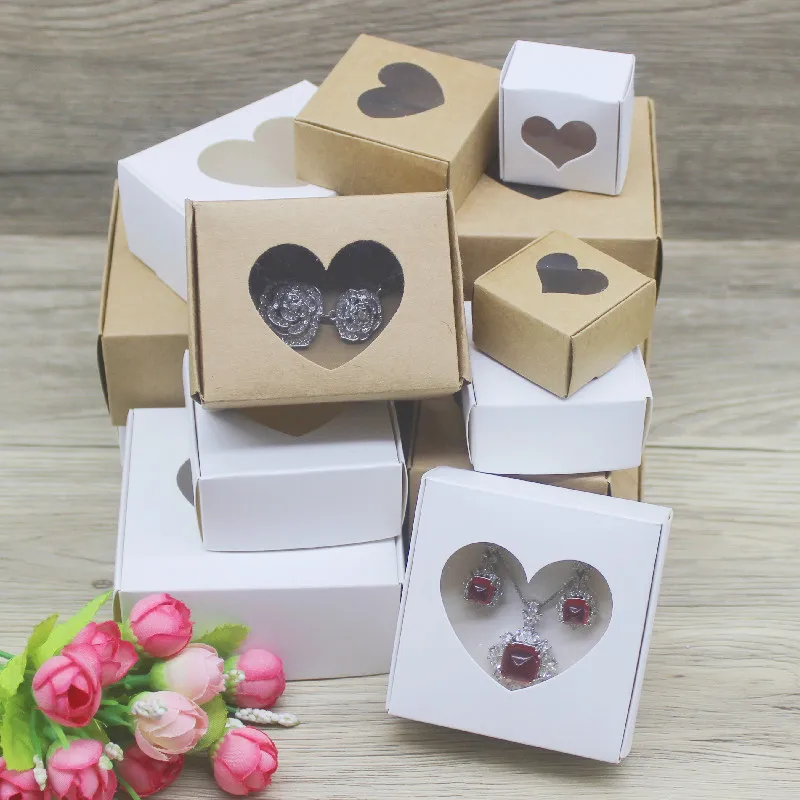 10 個 DIY Handamde 紙ジュエリーネックレスイヤリング包装箱窓付き牛革ホワイトデザインジュエリーリング包装紙ボー