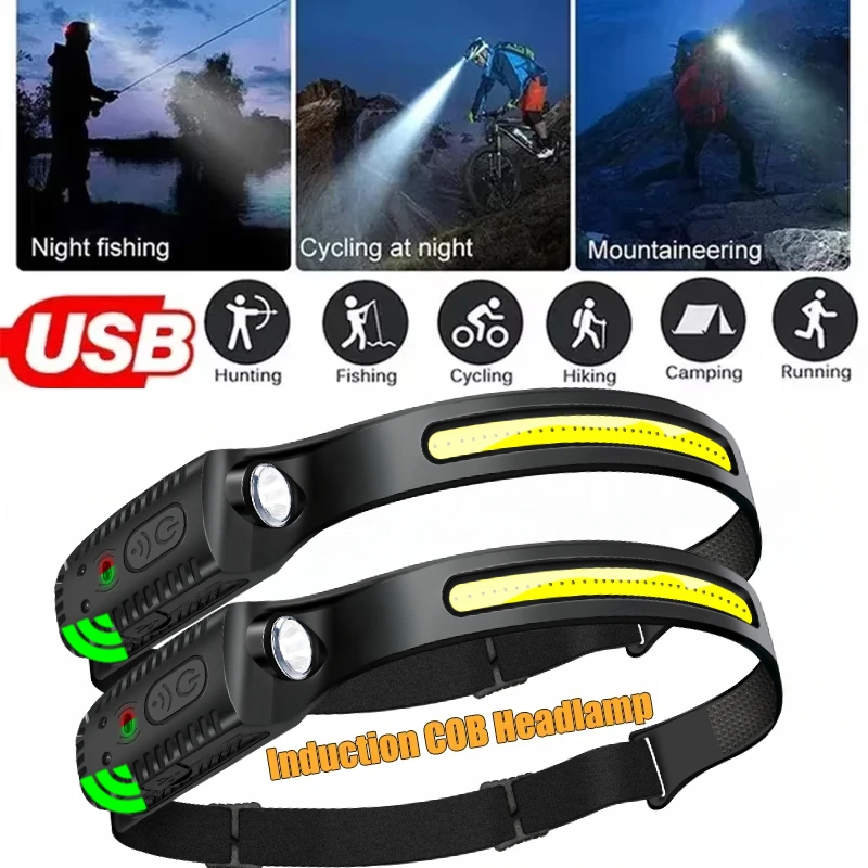 كشاف أمامي بمستشعر USB قابل لإعادة الشحن LED 230 °   COB الشعلة التخييم مصباح أمامي مقاوم للماء لفانوس الصيد في الهواء الطلق 1/2 قطعة