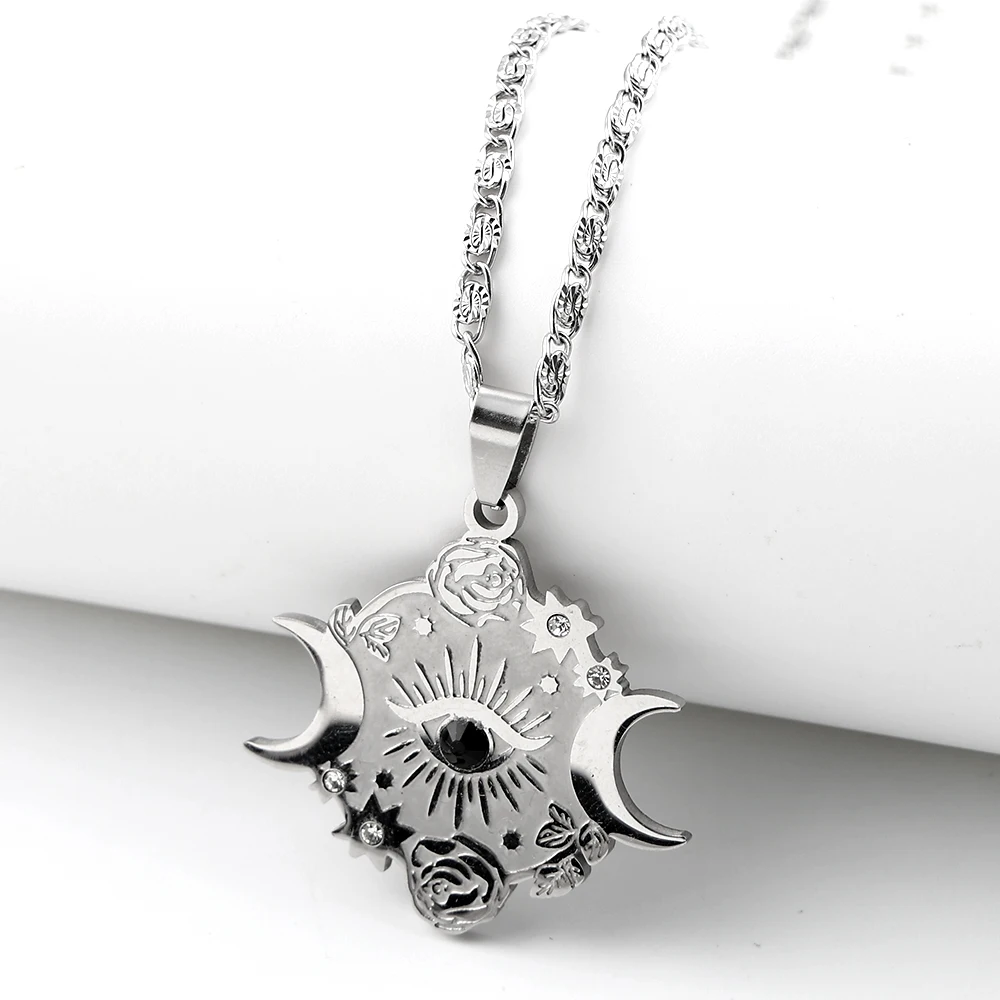 Dreifache Mondgöttin Schwarzes Böses Auge Anhänger Halskette für Damen und Herren Edelstahl Goldfarben Stern Rosenblüten Kette Schmuck Geschenk