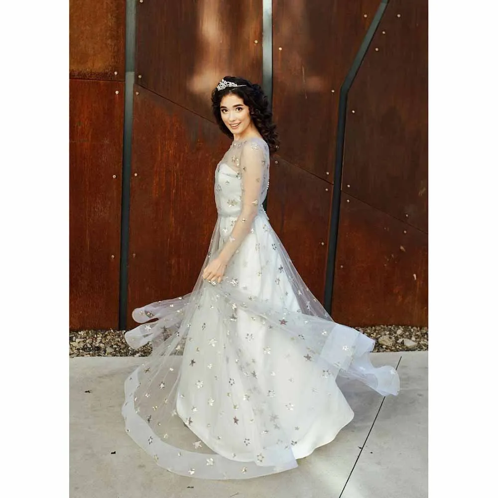 KSDN-Robe de soirée princesse blanche à manches longues et col rond pour femme, tenue élégante, longueur au sol, pour fête d'anniversaire, luxe