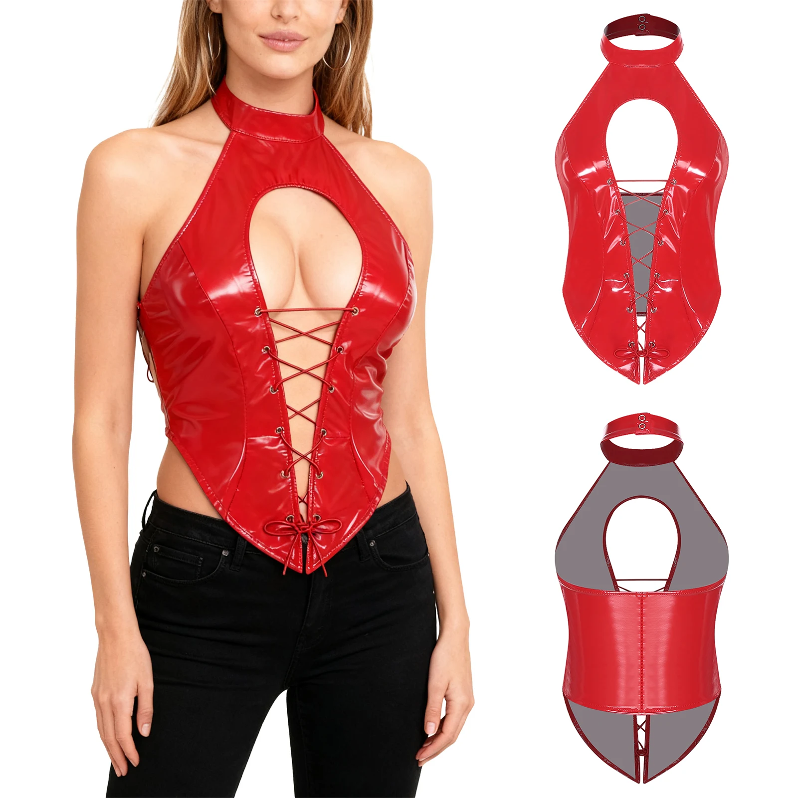 Haut court en PU brillant pour femmes, col licou sur le devant, ajouré avec lacets, dos nu, moulant, débardeur pour Pole Dance, Punk, gothique, Clubwear