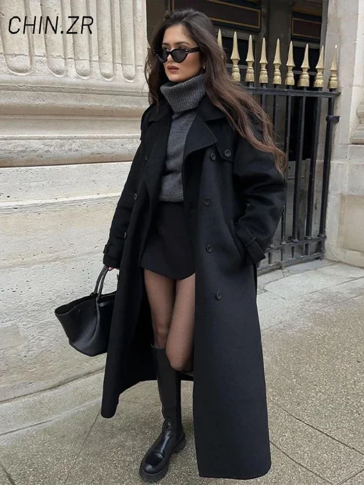 Abrigos largos de lana elegantes para mujer, abrigos holgados con solapa y doble botonadura y bolsillo para mujer, prendas de vestir cálidas para Otoño e Invierno 2025