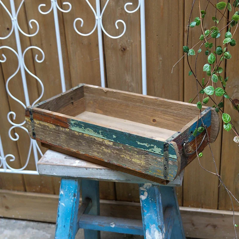 Vintage Wooden Tray with Handles, Long, Rectangular, for Flowers and Storage