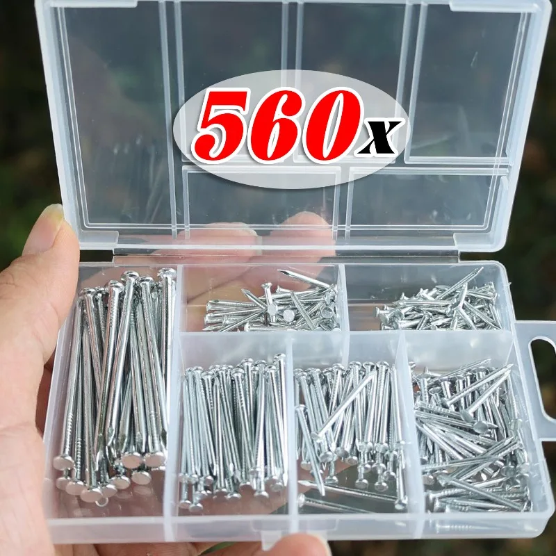 280/560 piezas Clavos de acero galvanizado para zócalos, clavos de cabeza plana y clavos de pared para madera con caja de almacenamiento