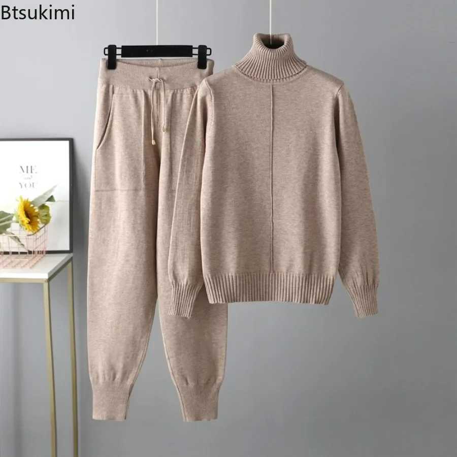 2024Women\'s Casual Warm 2PCS Knitted Tracksuit Sets Solid Autumn Winter Cashmere Turtleneck Sweater and Harem Pant Sets Outfits