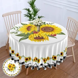 1pc Polyester Waterproof Sunflower Oil Painting Circular Tablecloth with Grid Border Dining Table Cover Bohemian Tapestry 63inch