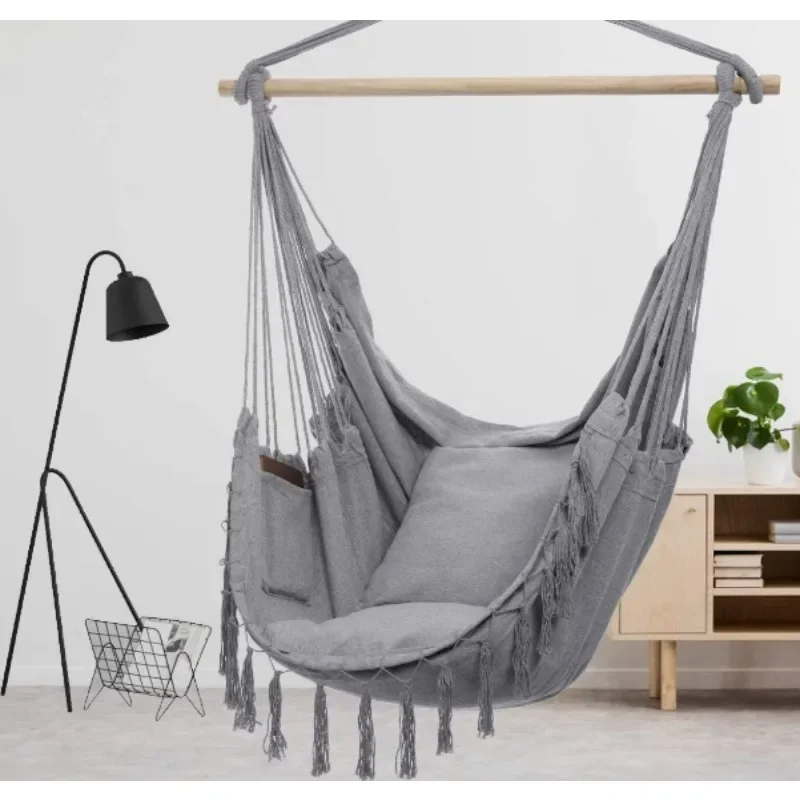 Canvas Fringed Hanging Basket Swing Chair, Nordic Macrame Fringe Hammock Chair for Balcony Indoor and Outdoor Camping