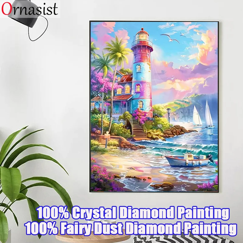 Full Fairy Dust Diamond Painting Landscape Lighthouse Diy Crystal Mosaic Cross Stitch Sea Island Rhinestones Picture Home Decor
