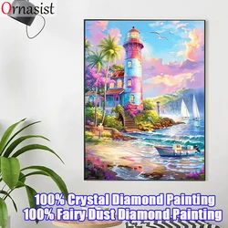 Full Fairy Dust Diamond Painting Landscape Lighthouse Diy Crystal Mosaic Cross Stitch Sea Island Rhinestones Picture Home Decor