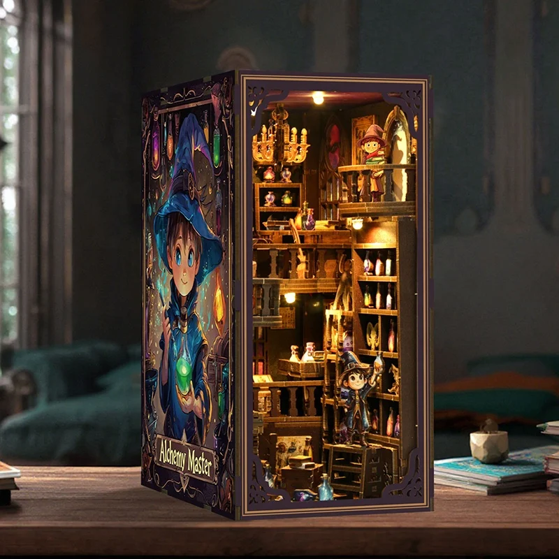 NOWOŚĆ DIY Book Nook Półka Zestawy wkładek Alchemy Master Półka na książki Drewniane miniaturowe zestawy modeli Ręcznie robione podpórki do książek Przyjaciele Prezenty urodzinowe