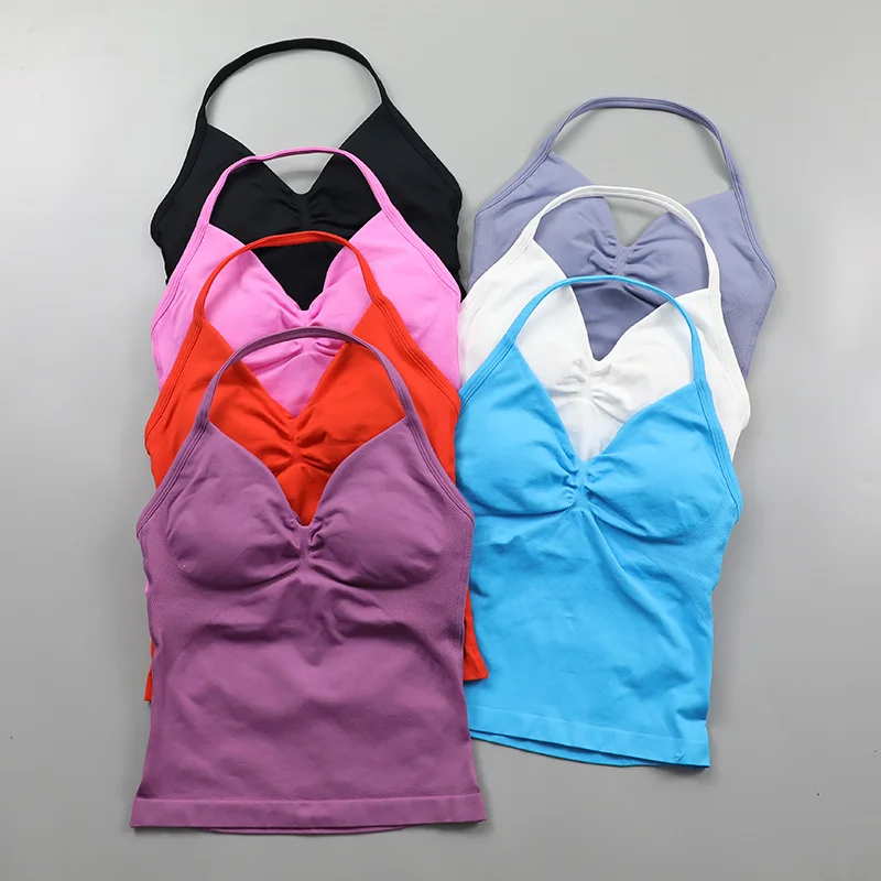 

V-Neck Longline Strappy Top Women Seamless Yoga Vest Scrunch Backless Gym Clothes Workout Sleeveless Shirts With Built In Bra