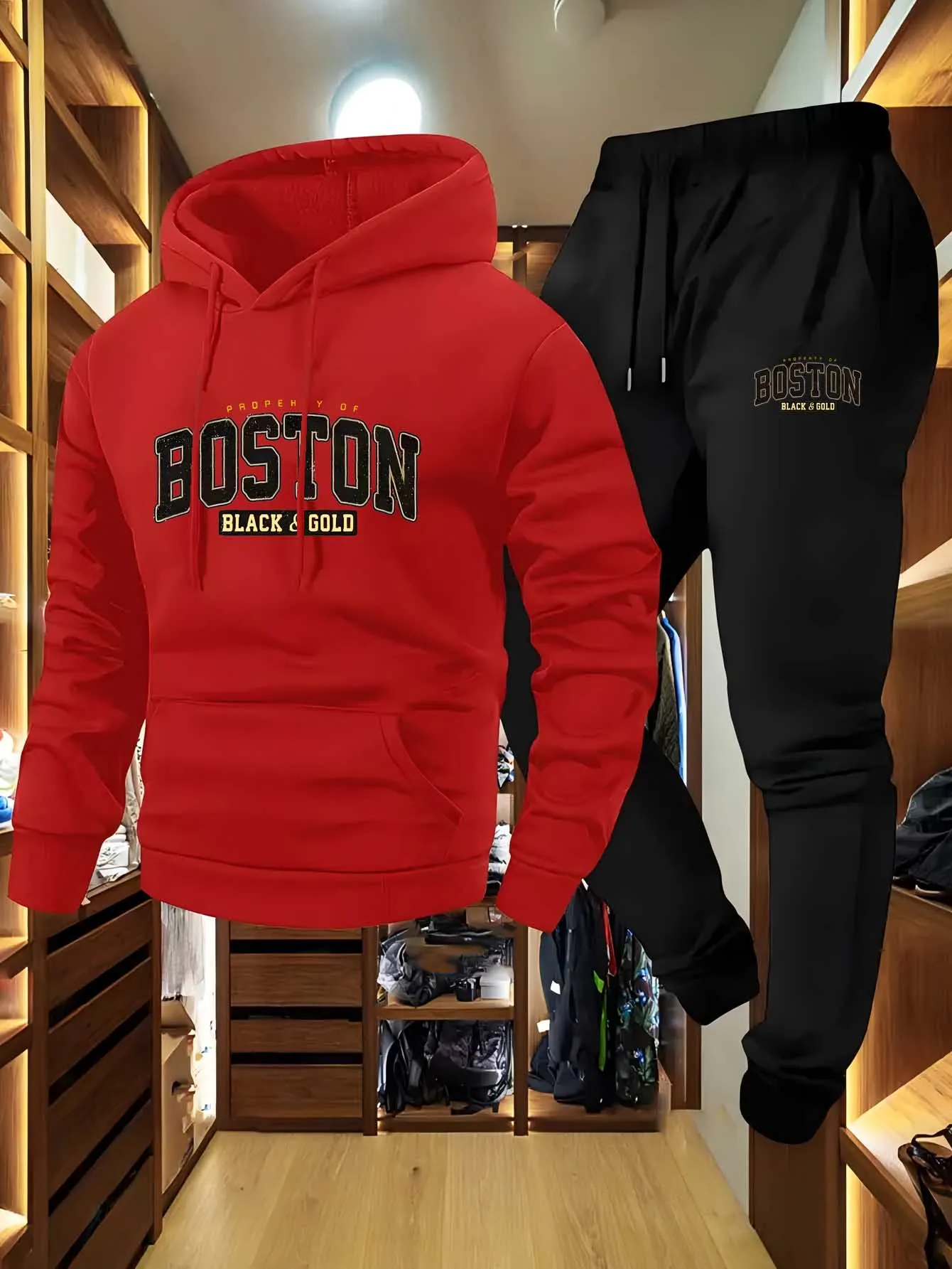 Conjunto de sudadera con capucha y pantalones de chándal informales de 2 piezas para hombre - Conjunto de deportes al aire libre para hombre con estampado de letras de Los Ángeles con capucha larga S