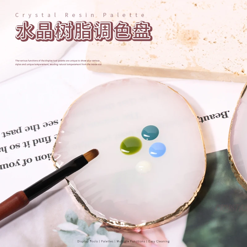 

Crystal Resin Nail Art Palette Golden Edge Manicure Display Shelf Gel Polish Mixing Drawing Pallet Agate Stone Paint Plate Tool