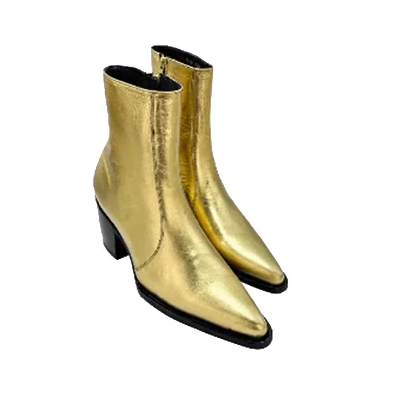 

Men Golden High Top Boots Genuine Leather High Heels Comfortable Classic Casual Fashion Men Boots