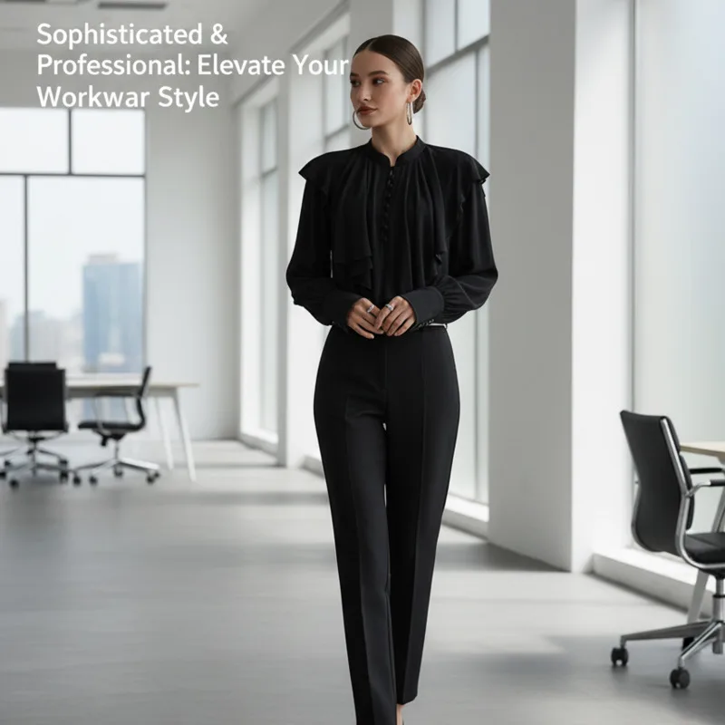 

Элегантная женская шифоновая блузка с рюшами и длинным рукавом, приталенная офисная рубашка, однотонный топ на пуговицах с высоким воротником, стильные осенние наряды