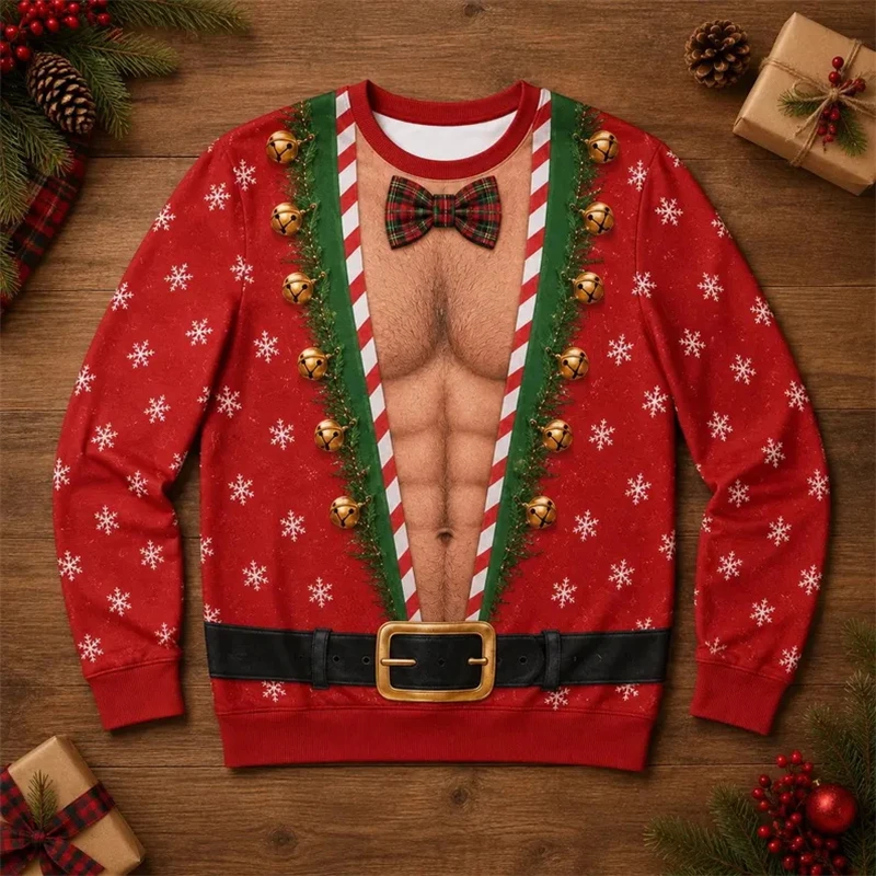 Lustiges Weihnachtsshirt mit Muskel-Weihnachtsmann-Motiv, 3D-Druck, hässlicher Pullover, Rundhalsausschnitt, lange Ärmel, Festtagskostüm, Herren- und Damen-Geschenk. – Detail 9