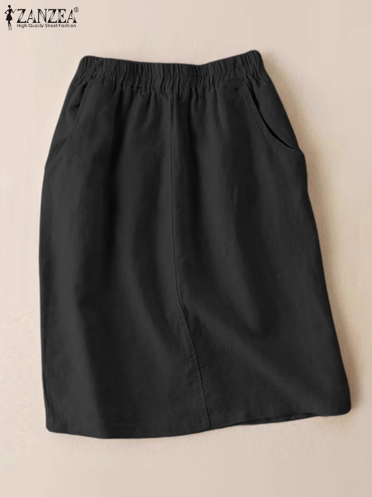 

ZANZEA 2024 Summer Straight Midi Skirt Women Cotton Skirts Holiday Elastic Waist Pockets Faldas Vintage Solid Jupe Casual Skirts