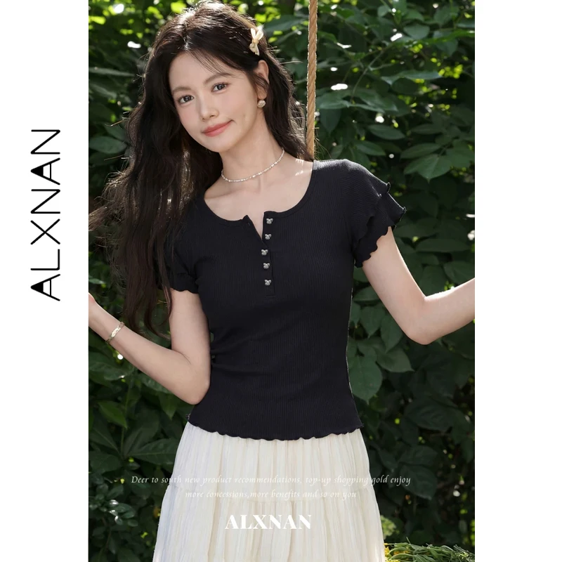 

ALXNAN Women's T-shirt Ribbed Henley Neck Slim-fit Korean Soft Style Short Sleeve Tee Summer 2026 New Daily Casual Tops L63957A