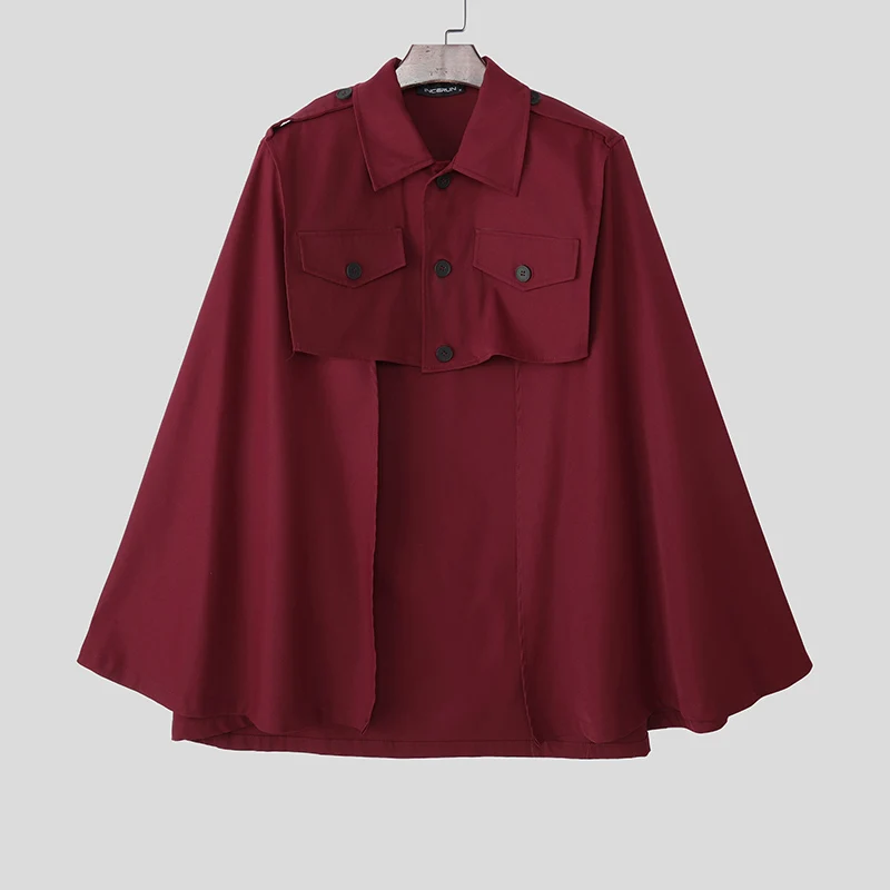 

INCERUN мужской нерегулярный плащ, однотонный плащ, накидка с лацканами, свободные повседневные модные мужские пончо, пальто, уличная одежда, 2025 г., мужские укороченные пальто