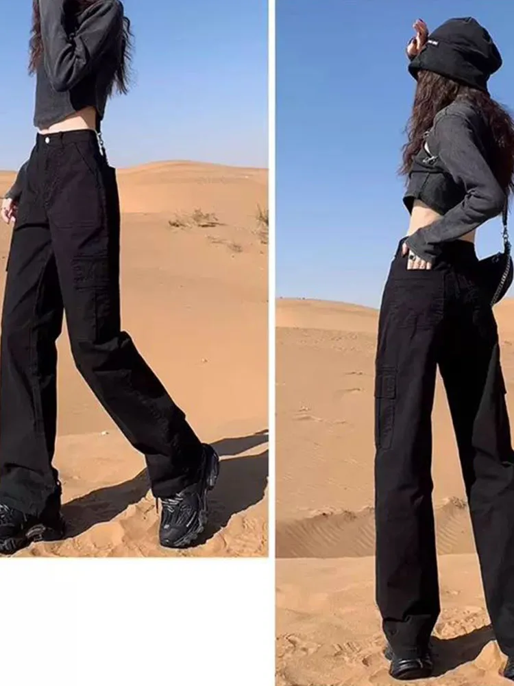 2025 가을 겨울 신상 하이웨이스트 아메리칸 스트레이트 와이드 레그 카고 팬츠 여성 패션 스트릿 진