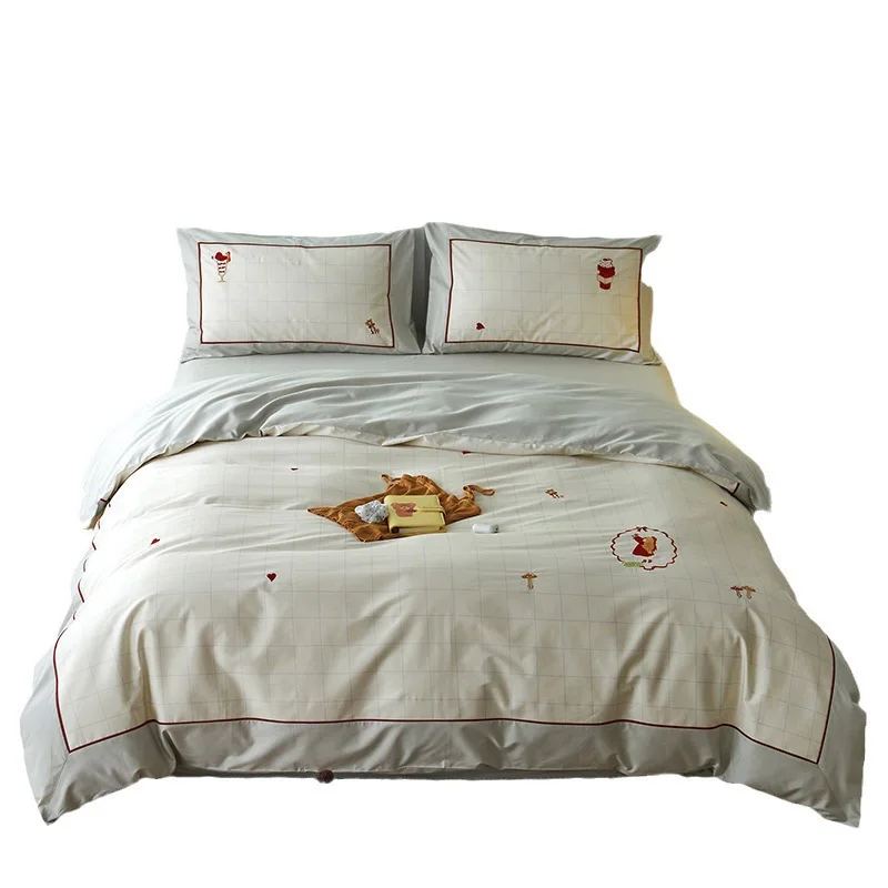 100 Thread Count Cotton Satin Long Staple Cotton Four Piece Set with Small Fresh A-Class Plaid Embroidery Splice