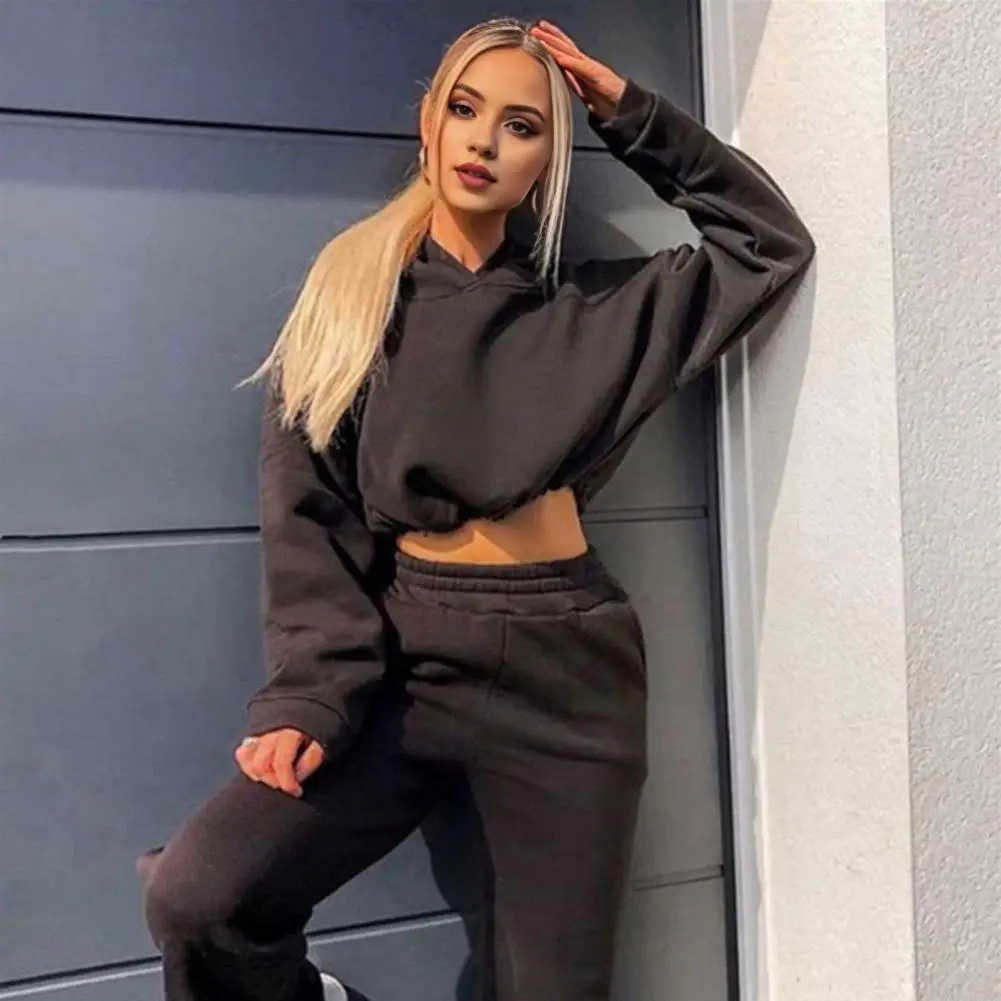 Women's 2Pieces Running Sets Solid Color Sportswear Long Sleeve Hoodies with Front Pocket Drawstring Long Pants Tracksuits