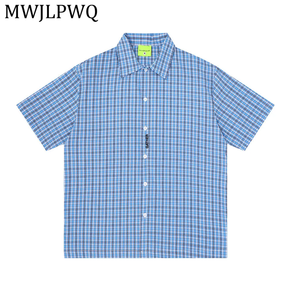 

MWJLPWQ Japanese Style Checkered Letter Embroidery Shirts For Men Short-sleeve Vibe Trendy Streetwear Loose Casual Tops 15209