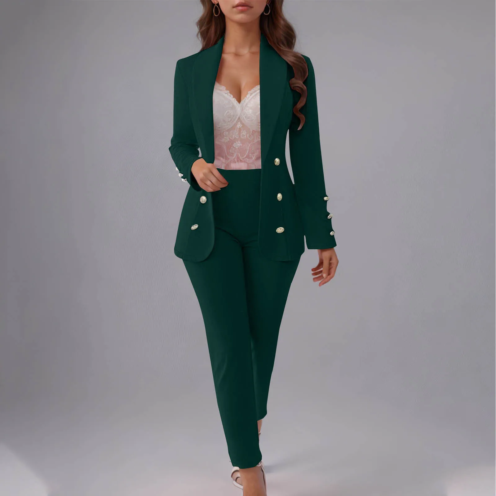 Abiti da donna Blazer solido Blazer doppiopetto Pantaloni dritti alla caviglia Set di pantaloni Due pezzi Capispalla da donna da ufficio