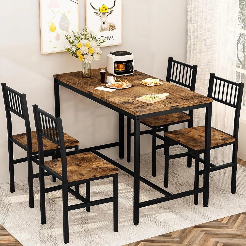 

Tables Set for 4, Rectangular Dining Room Table Set with Wood Top and 4 Chairs, 5 Pieces Dining Room Table Set for Small Space