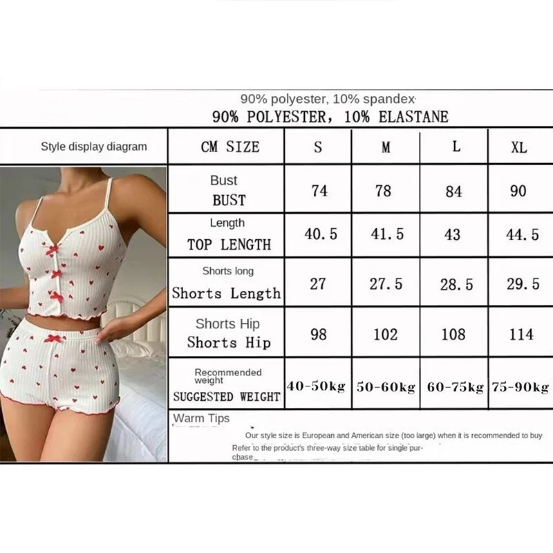 1 Set Sleepwear Women Pajamas Set Heart Print Soft Ribbed Fabric with Flirty Frill Trim Casual Cami Top and Short Set Loungewear image 6