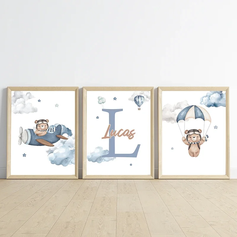 Customized Teddy Bear Nursery Wall Art Personalized Name Posters and Prints Canvas Painting Pictures for Baby Boy Bedrooms De
