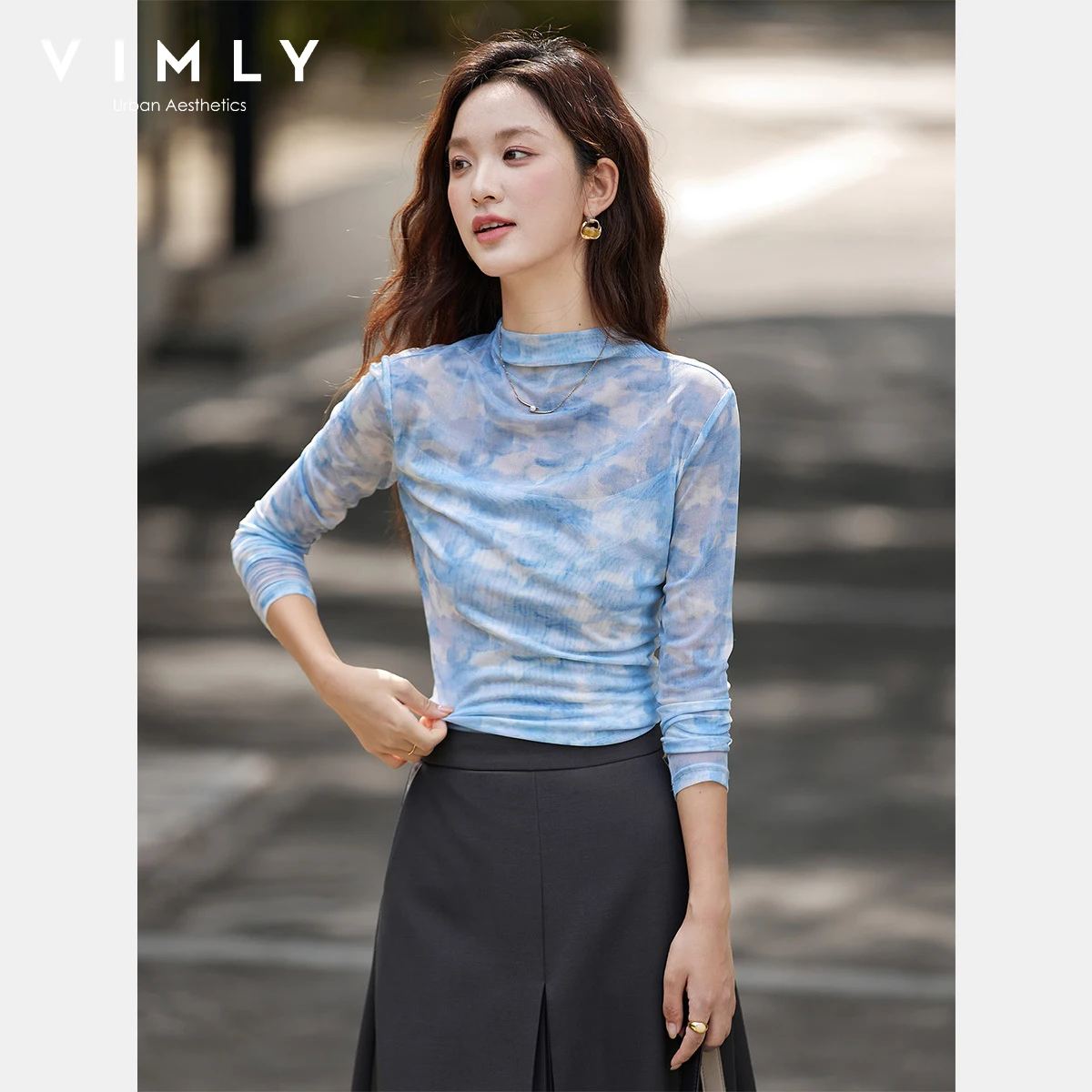 

VIMLY Gradient Mesh T-shirts Woman 2025 Casual Slim Fit Mandarin Collar Tees Autumn Elegant Strecth Long Sleeve Ladies Top A3038