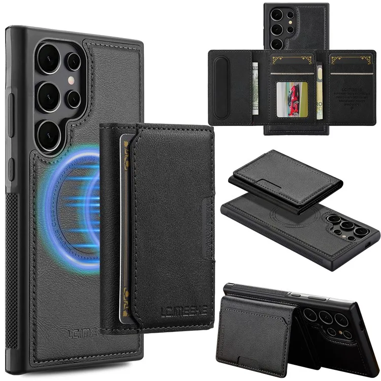 

LC.IMEEKE L5 For Samsung Galaxy S25 Ultra Magnetic Case Leather Back Cover with Detachable Card Holder - Black