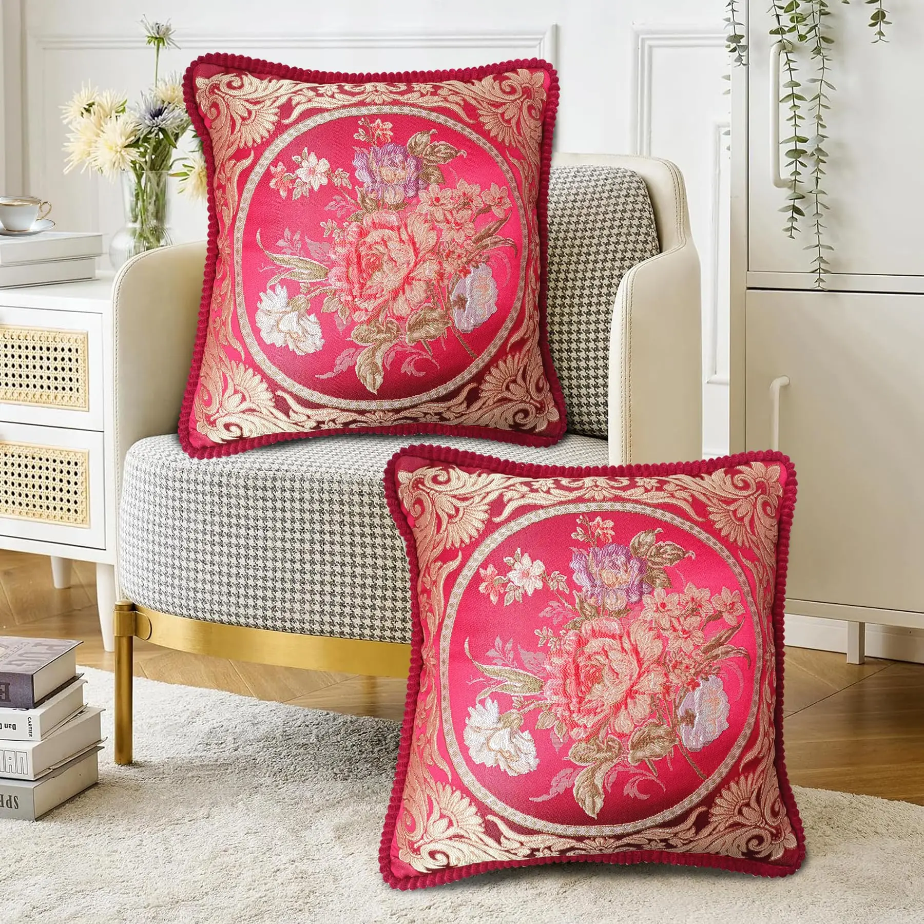 Set of 2 Floral Pillow Covers,18.8x18.8 Inch Jacquard Embroidery Retro Cushion Covers,Throw Pillow Cover for Room,Sofa,Recliner