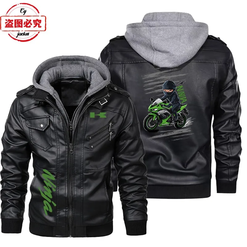 Ninja print motorcycle LOGO retro washed pu leather jacket windproof men's Ninja hooded jacket team suit