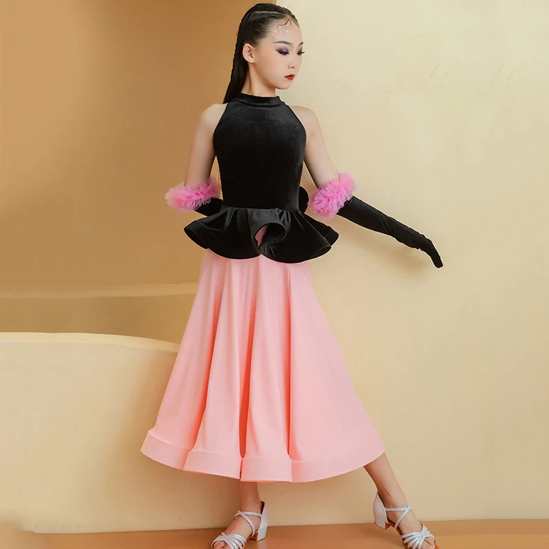 Kinder Mädchen Samt Walzer Ballsaal Dancewear Wettbewerb Kleider Herbst Winter Professionelle Tanz Kostüm Rumba Moderne Kleidung