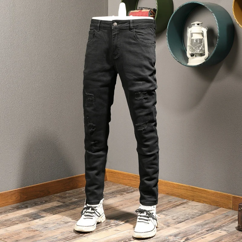 جينز أسود عالي الجودة للرجال ماركة عصرية عصرية بفتحة مرنة للشارع وأقدام صغيرة وسراويل وسيم