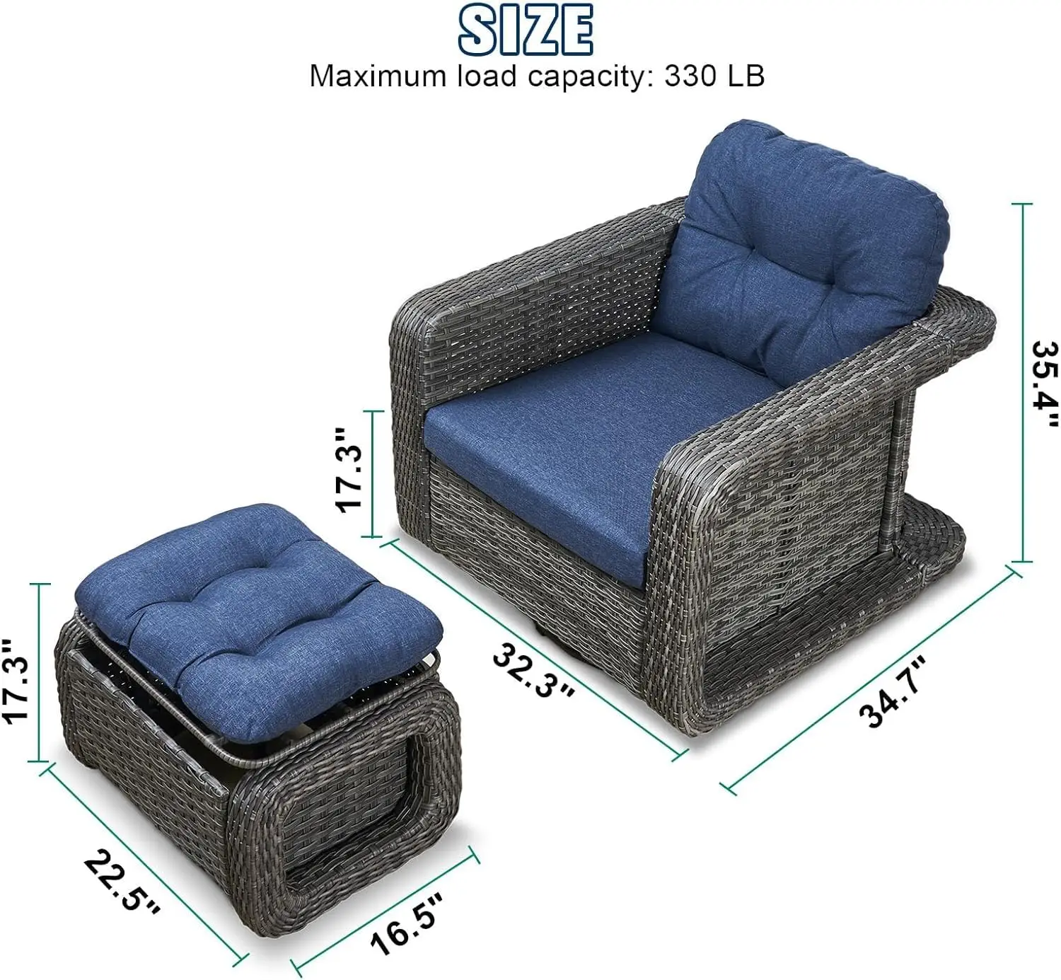 Patio Furniture 5pc Swivel Rocker Chair Ottoman 360° Glider Wicker Rust-Resistant Cushion Outdoor Gray Blue, Customized