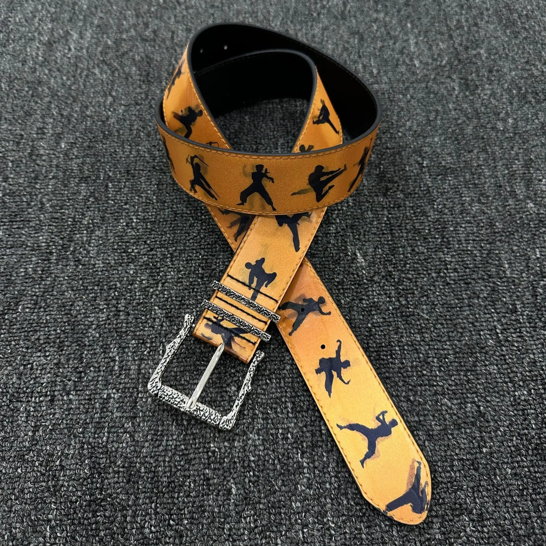 Retro Sunset Yellow Waist Belt with Black Martial Arts Figure Print and Silver Square Pin Buckle Vintage Streetwear Waistband