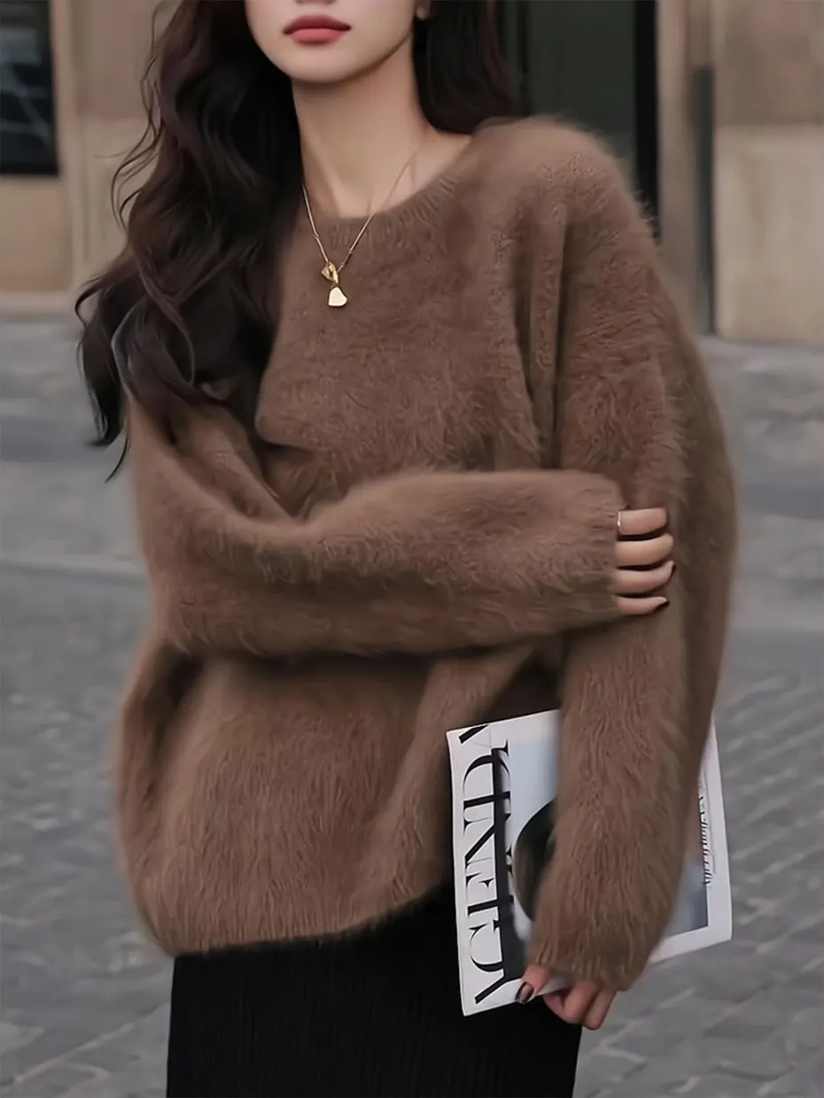 

High-End Mink Fur Coffee Sweater Women's Autumn Winter Soft Warm Cashmere Versatile Top Korean Loose Fit Long Sleeve round Neck