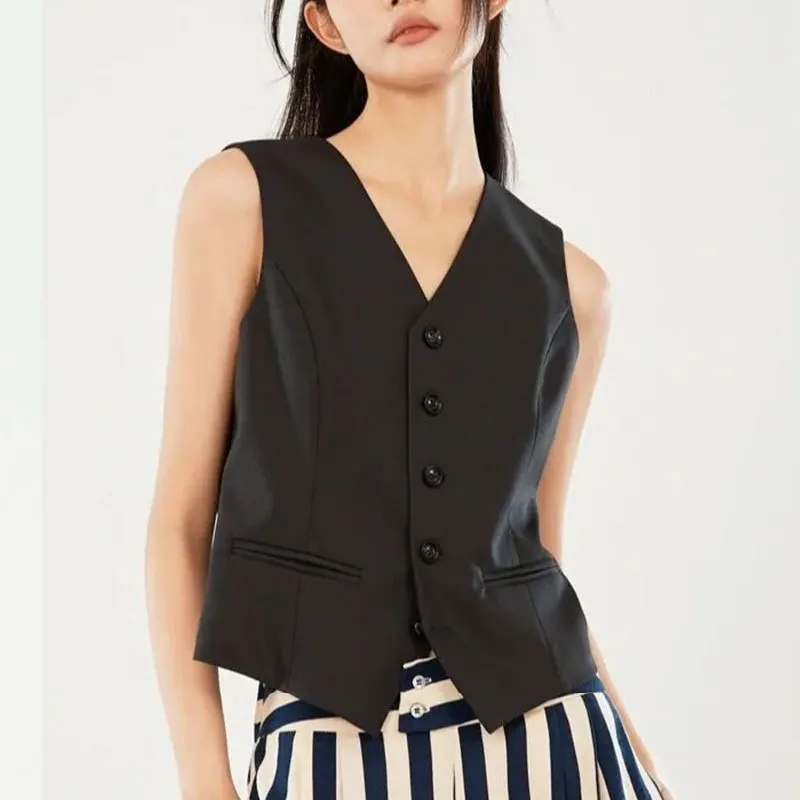 Outer Wear Suit Vest Blouse Ladies Temperament Fashion Casual Senior Sense of Simplicity Versatile V-neck Single-breasted Solid