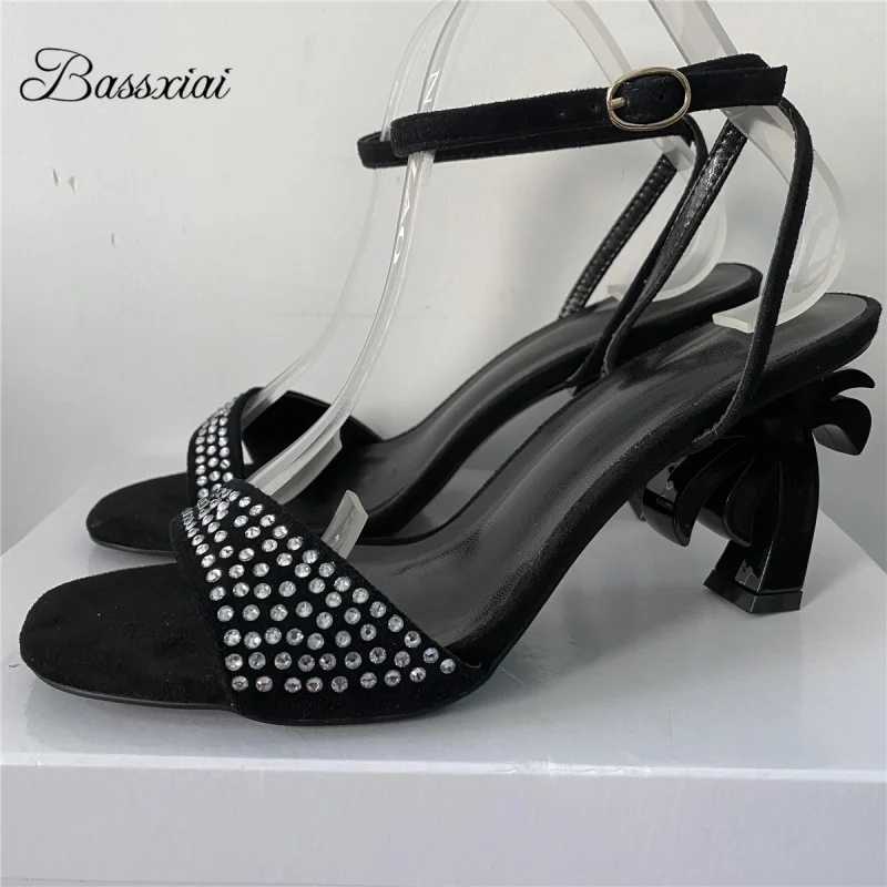 

Женские сандалии на необычном каблуке с ремешком на щиколотке, роскошные замшевые туфли для вечеринок со стразами, летние туфли для девочек