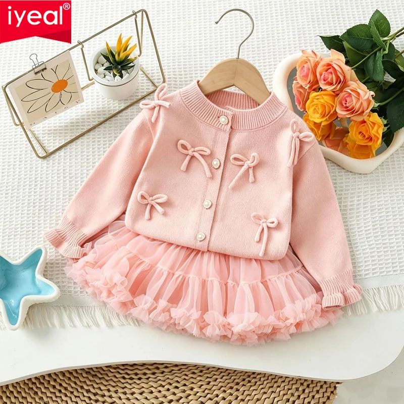 IYEAL Girls' Bow Sweater + Skirt 2025 Autumn New Korean Edition Children's Stylish Knitted Versatile Cake Skirt Two Piece Set