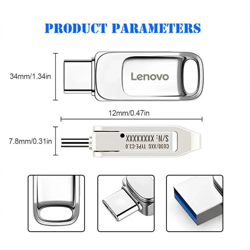 Lenovo 2TB Original USB Flash Clés USB 3.0 Métal Haute Vitesse Pendrive Capacité Réelle Memory Stick U Disque Pour PC Adaptateur TYPE-C