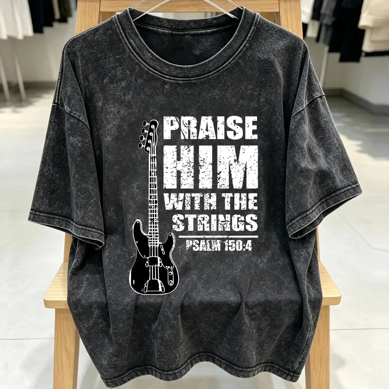 washed T Shirt Praise Him With The Strings Christian Worship Bass Guitar Player Men's vintage Washed fashion graphic streetwear