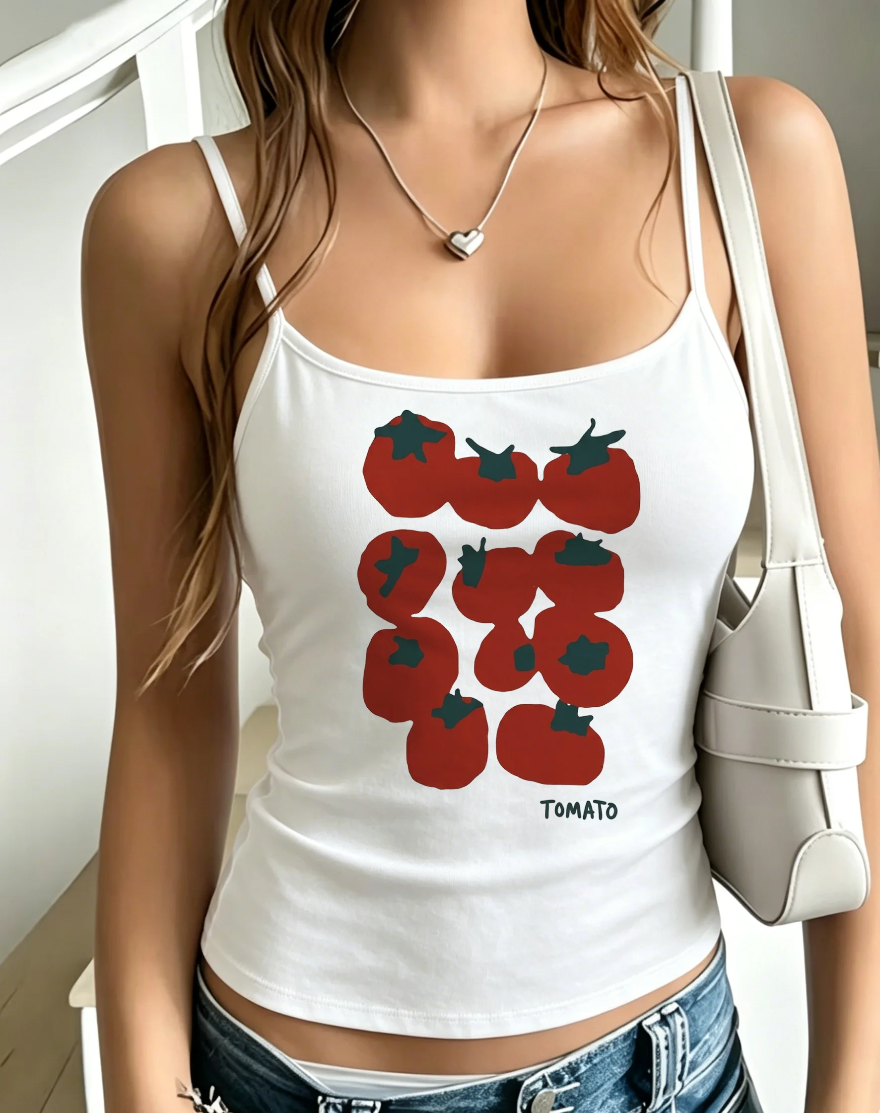 Women Minimalist Tomato Print Spaghetti Strap Camisole Coquette Slim Sleeveless Tank Top Summer 2 Color Casual Aesthetic Vest