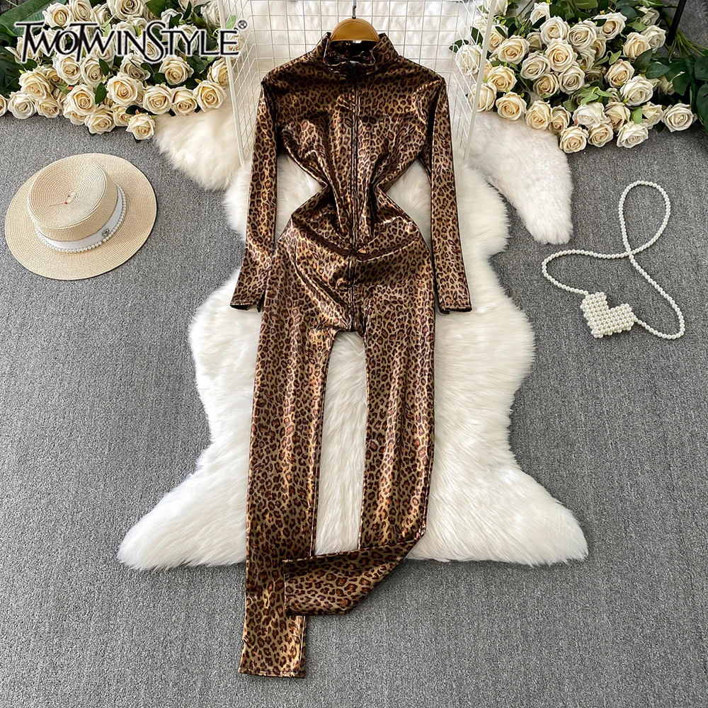 TWOTWINSTYLE Sexy Leopard Print Jumpsuits For Women Stand Collar Long Sleeve High Waist Pants Chic Jumpsuit Female New KJU557738